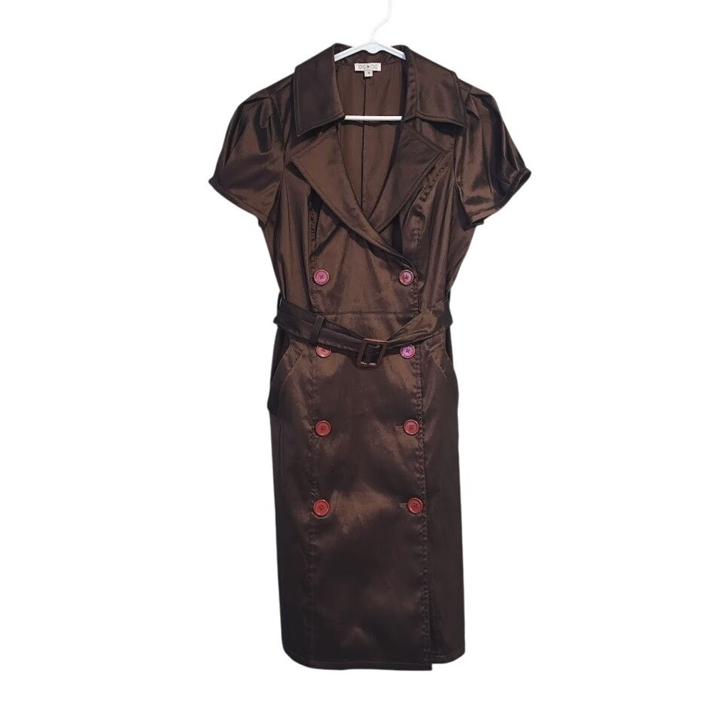 OC by OC Vintage Y2K Chocolate Brown Double Breasted Trench Midi Dress Belted 6